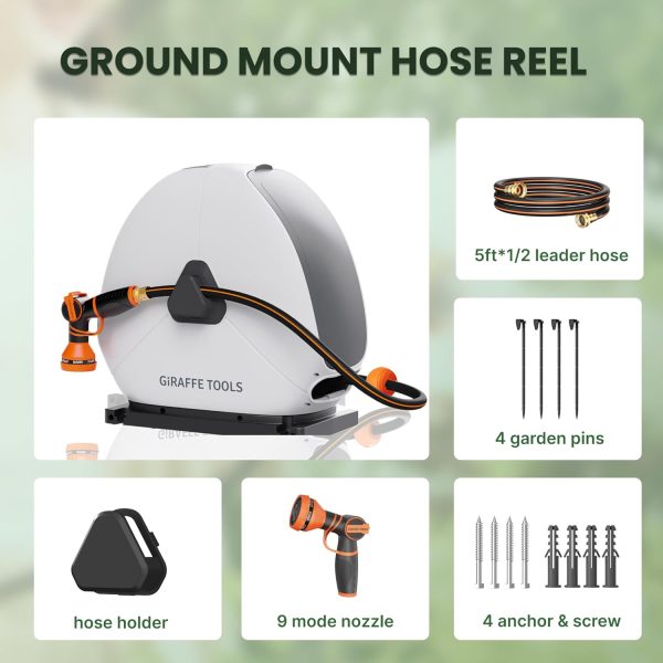 Giraffe Tools Ground Mounted Retractable Hose Reel 5/8 Inch x 92FT, Heavy Duty Automatic Rewind Garden Hose Reel, with Flexible Swivel Base for Lawn, Concrete Floor