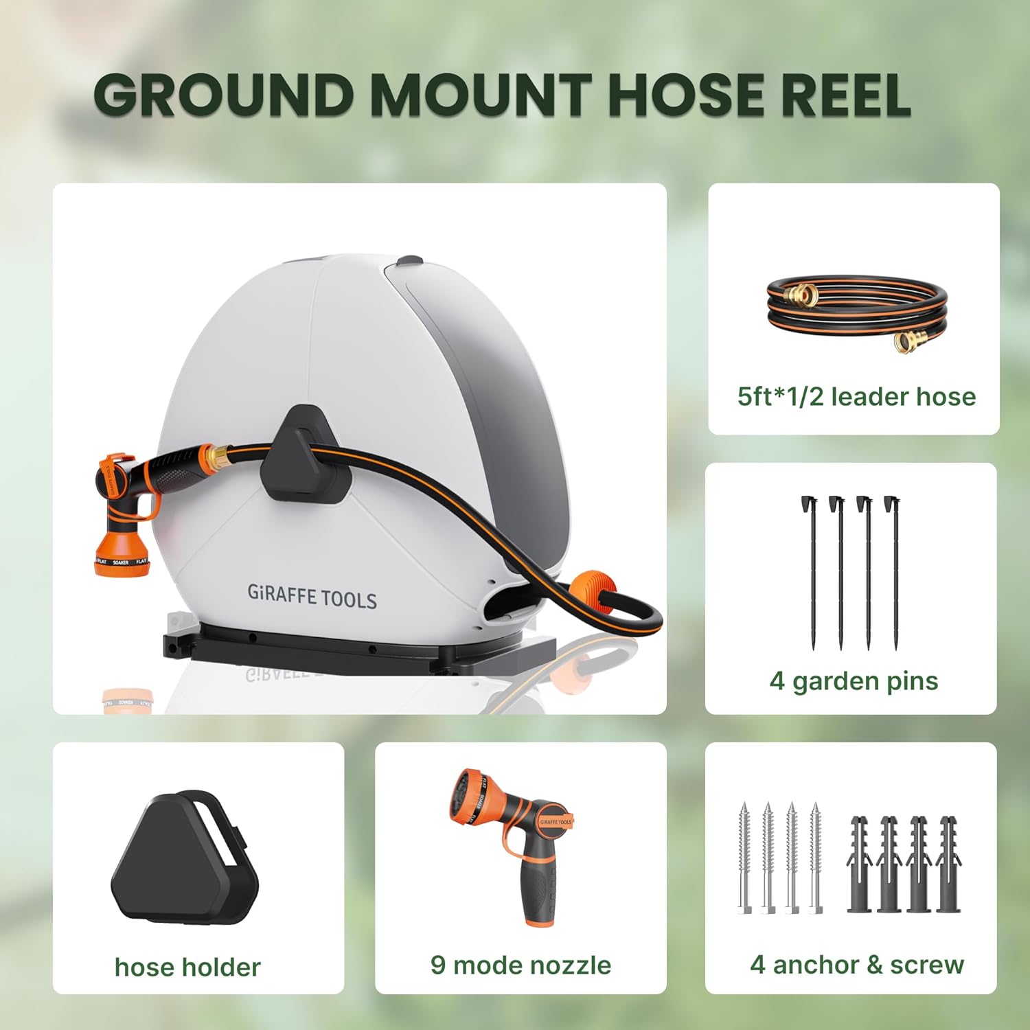 Giraffe Tools Ground Mounted Retractable Hose Reel 5/8 Inch x 92FT, Heavy Duty Automatic Rewind Garden Hose Reel, with Flexible Swivel Base for Lawn, Concrete Floor