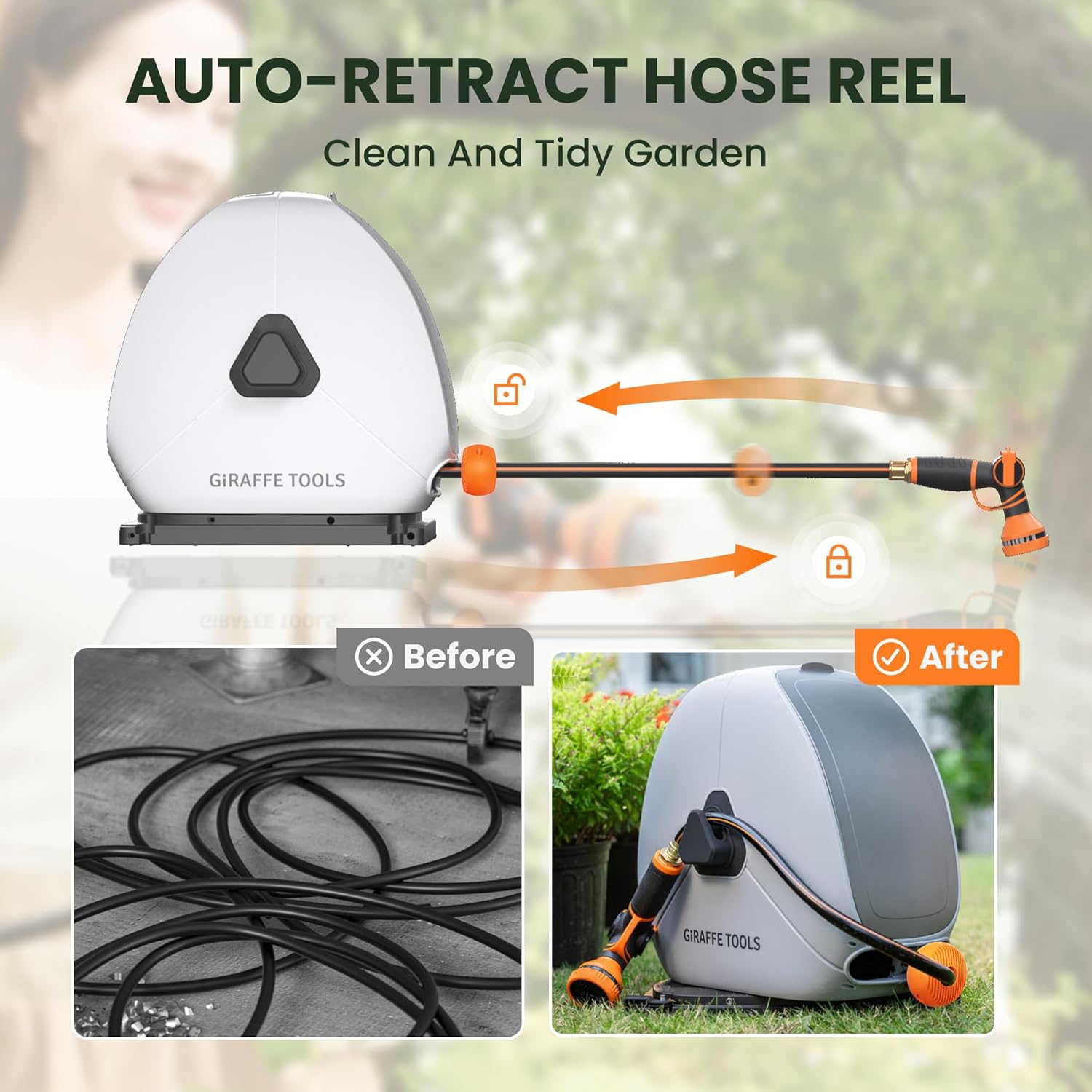Giraffe Tools Ground Mounted Retractable Hose Reel 5/8 Inch x 92FT, Heavy Duty Automatic Rewind Garden Hose Reel, with Flexible Swivel Base for Lawn, Concrete Floor