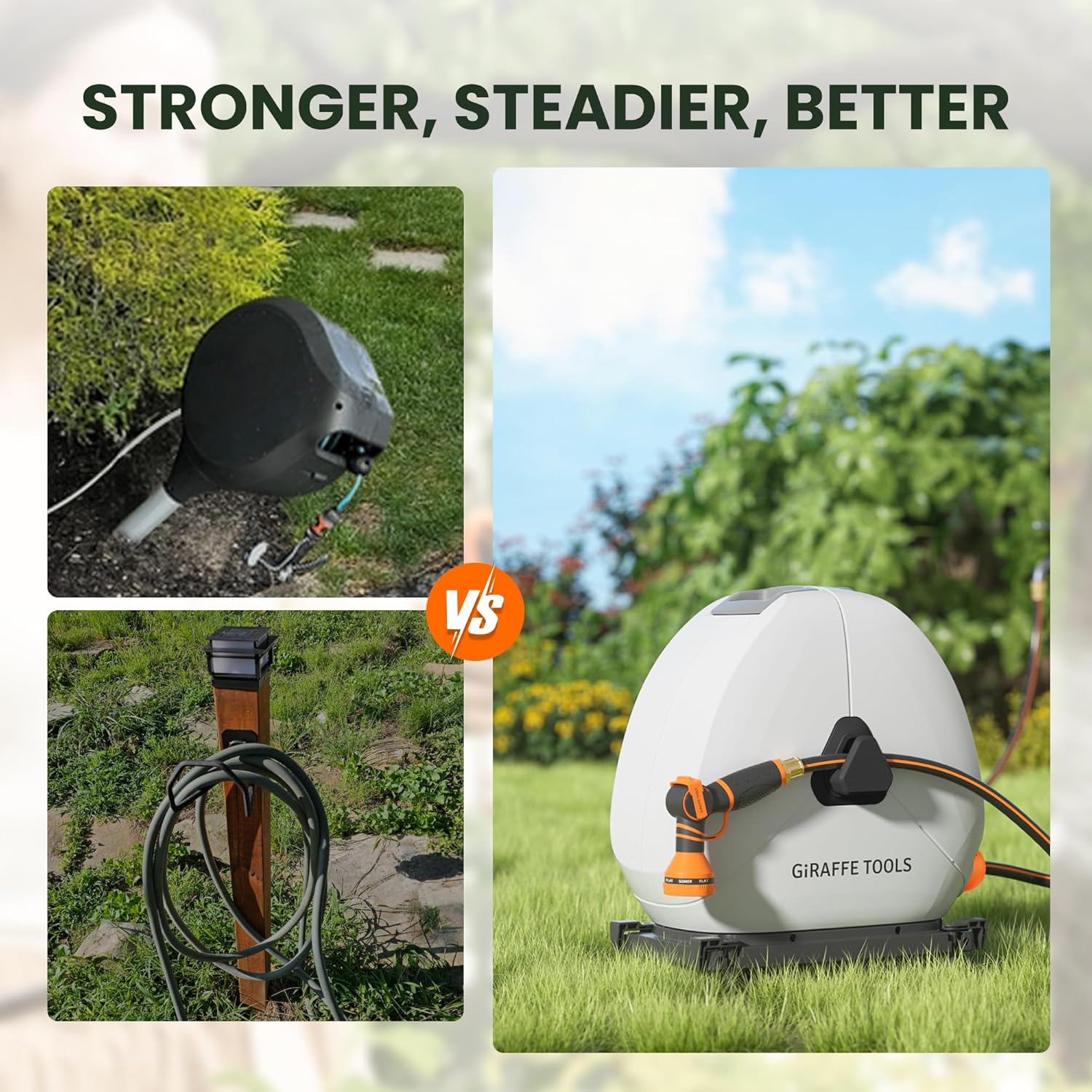 Giraffe Tools Ground Mounted Retractable Hose Reel 5/8 Inch x 92FT, Heavy Duty Automatic Rewind Garden Hose Reel, with Flexible Swivel Base for Lawn, Concrete Floor