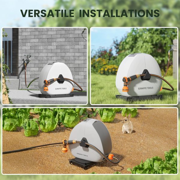 Giraffe Tools Ground Mounted Retractable Hose Reel 5/8 Inch x 92FT, Heavy Duty Automatic Rewind Garden Hose Reel, with Flexible Swivel Base for Lawn, Concrete Floor