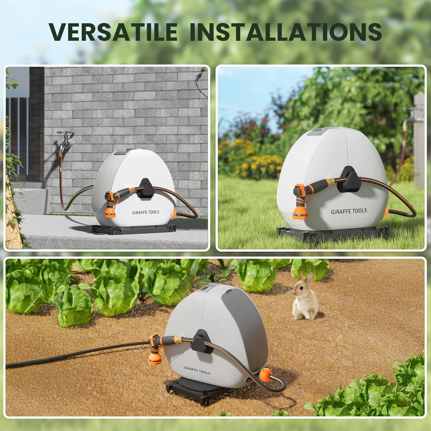 Giraffe Tools Ground Mounted Retractable Hose Reel 5/8 Inch x 92FT, Heavy Duty Automatic Rewind Garden Hose Reel, with Flexible Swivel Base for Lawn, Concrete Floor