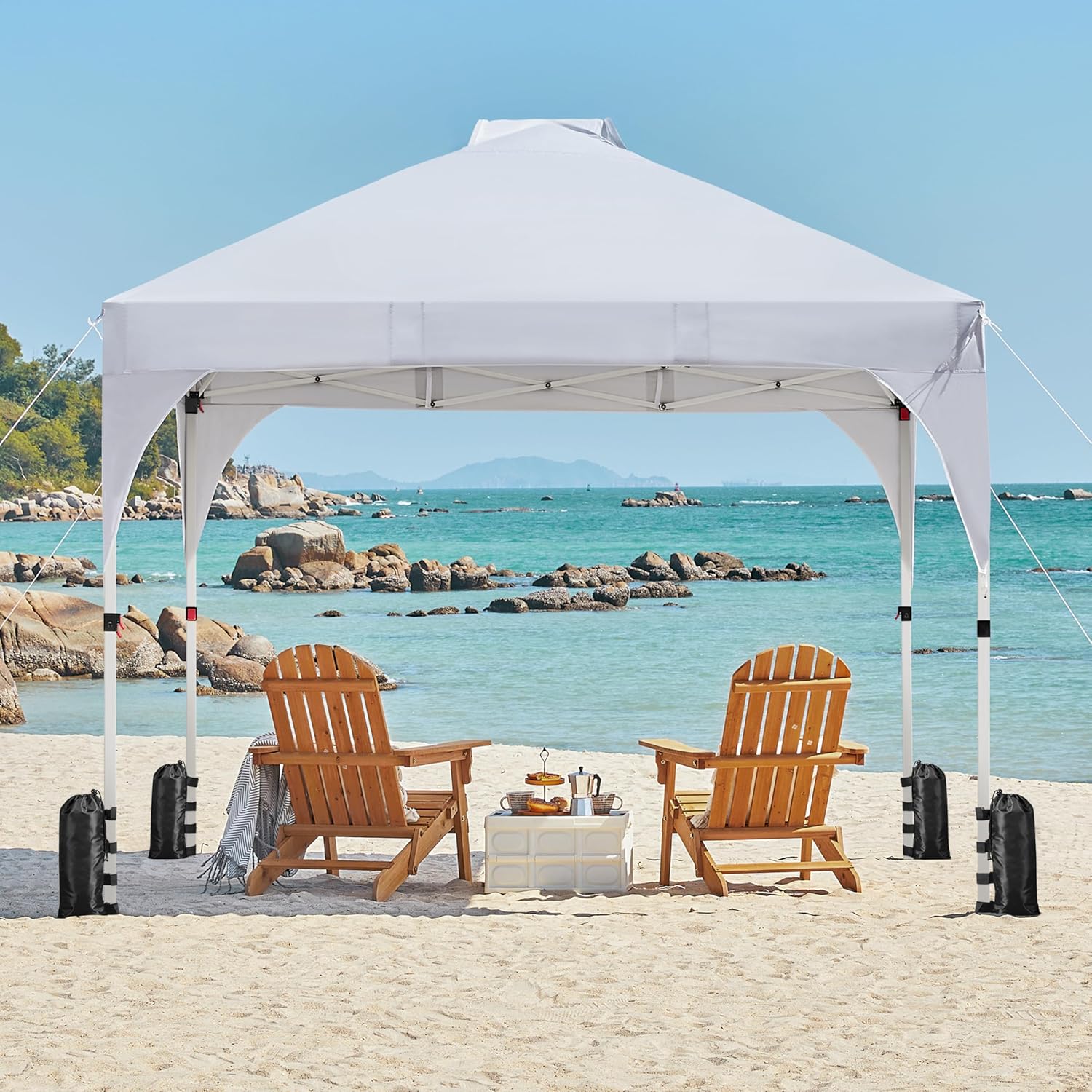 Yaheetech 10x10 Pop Up Canopy Tent with Vent, Easy Set Up Tent, Instant Sun Shelter Canopy with Wheeled Bag, 4 Sandbags, 12 Stakes & 4 Ropes, for Parties, Beach, Outdoor, White