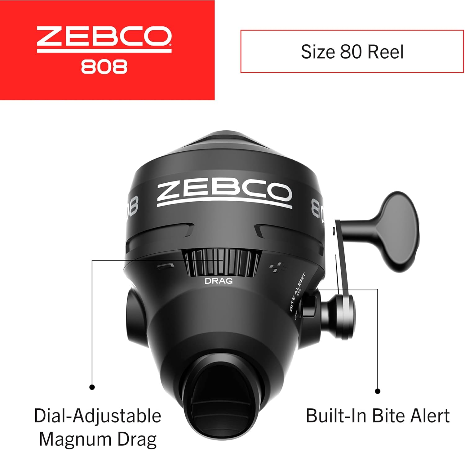 Zebco 808 Spincast Fishing Reel, Size 80 Reel, Changeable Right- or Left-Hand Retrieve, Pre-Spooled with 20-Pound Zebco Fishing Line, Dial-Adjustable Magnum Drag, Black