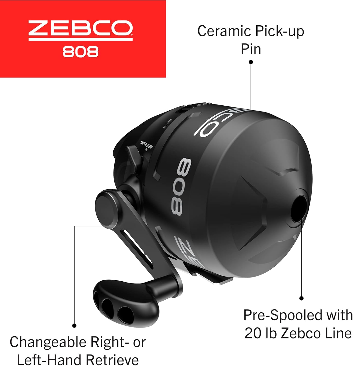 Zebco 808 Spincast Fishing Reel, Size 80 Reel, Changeable Right- or Left-Hand Retrieve, Pre-Spooled with 20-Pound Zebco Fishing Line, Dial-Adjustable Magnum Drag, Black